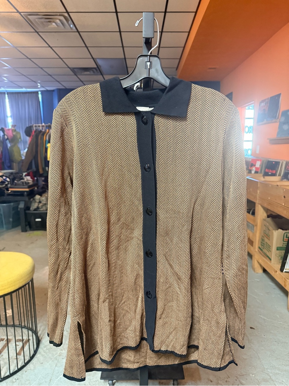 Misook Tan and Black Herringbone Button-Down Top